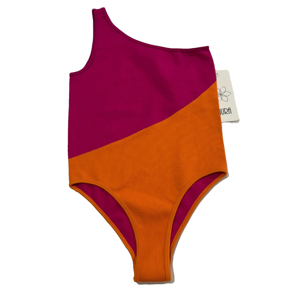One Shoulder Colorblock Bodysuit Pink Orange‎ Size XL XXL Sexy